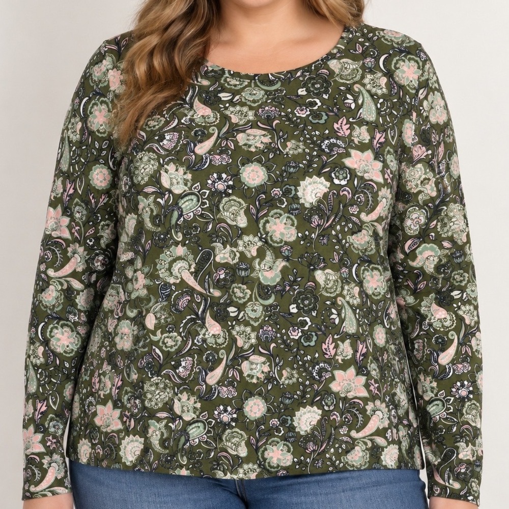 100% Cotton Paisley Floral Long Sleeve Top Large Green Pink Boho Cottagecore